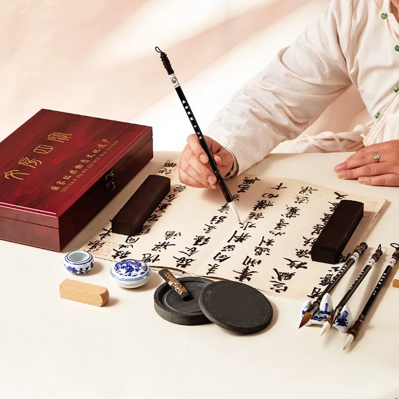 Wooden Box Four Treasures Calligraphy Set for Students and Beginners, Mixed Hair Brushes, Ink Stick, Inkstone, Brush Rest, Seal