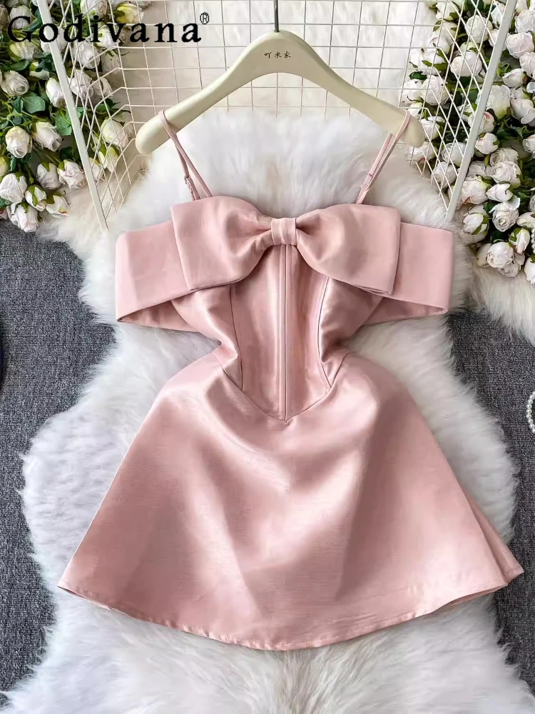 

Temperament Satin Sweet Bow Girl Summer Fishbone Princess Suspender Dress Elegant Slim High Waist A-line Fashion Korean Dresses