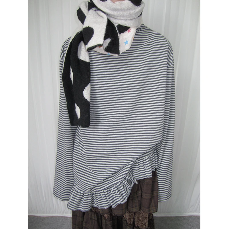 

Свободный длинный свитер в полоску в корейском стиле с кружевным краем, мягкий и уютный, удобный для повседневной носки