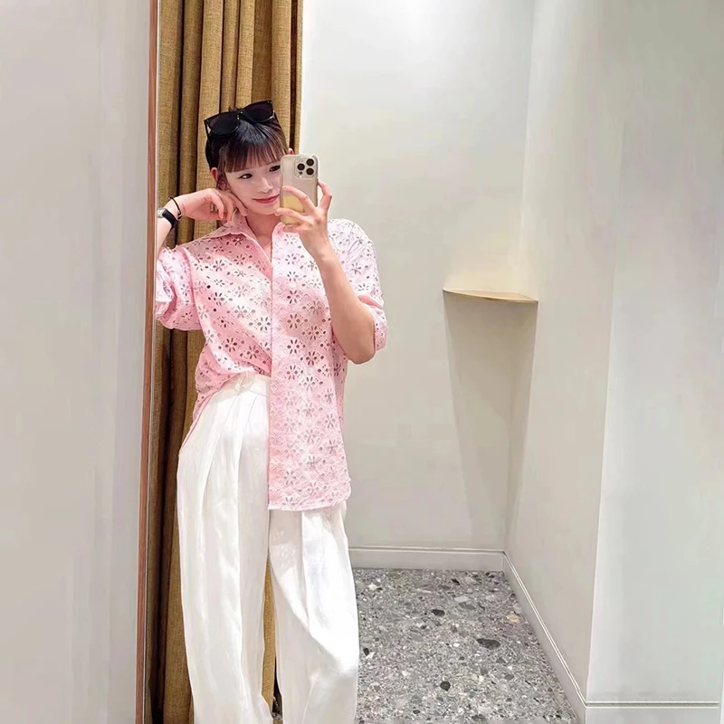 

Pink Embroidered Long Sleeve Loose Shirt Women's Spring Summer Fashion Hollow out Bead Detail French Style Cotton Blend Top