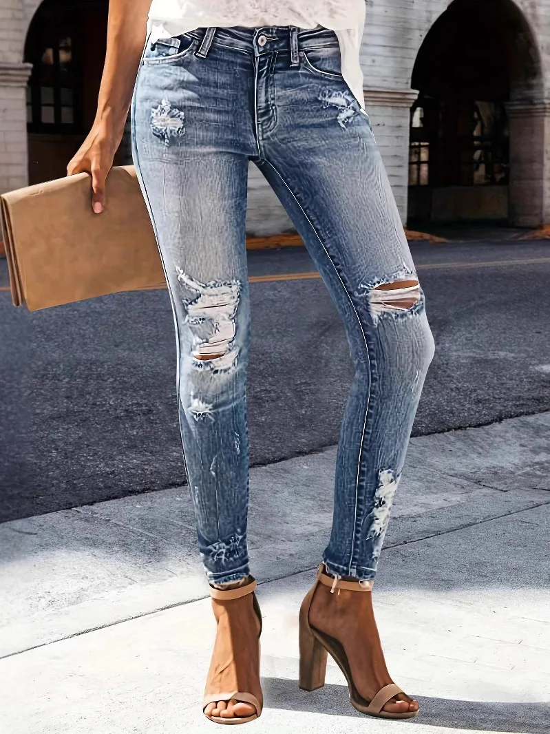 Hoge elastische afslankende casual jeans dames perforeren lange broek hoge taille stand fit medium stretch diepe kleur