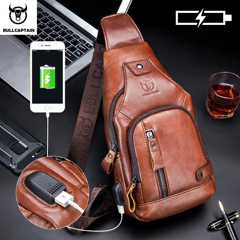 Bullcaptain Leather Large Capacity Chest Bag Men\'s Shoulder Bag with USB Port for Outdoor Casual Activities