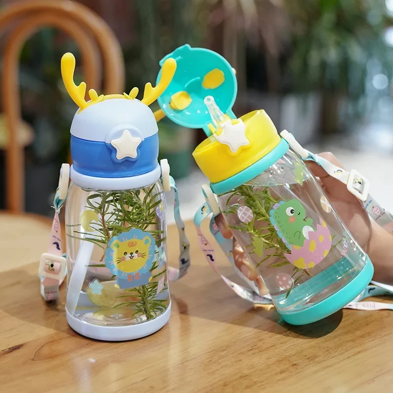 600ml Kids Water Sippy Cup Antler Creative Cartoon Baby Cups with Straws Leakproof Water Bottles Outdoor Children's Cup