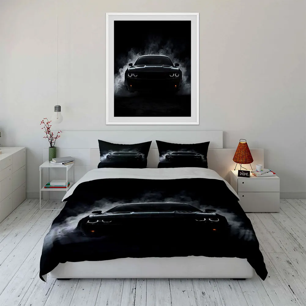 Black sports car with smoky background Print Soft Comfortable Duvet Cover Bedding Set Included 1*Duvet Cover  2*Pillowcases