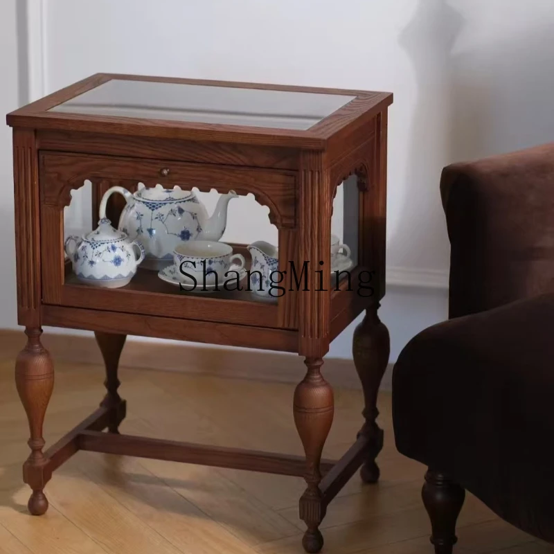 

SM rural solid wood edge few retro carved bedside table storage display side table