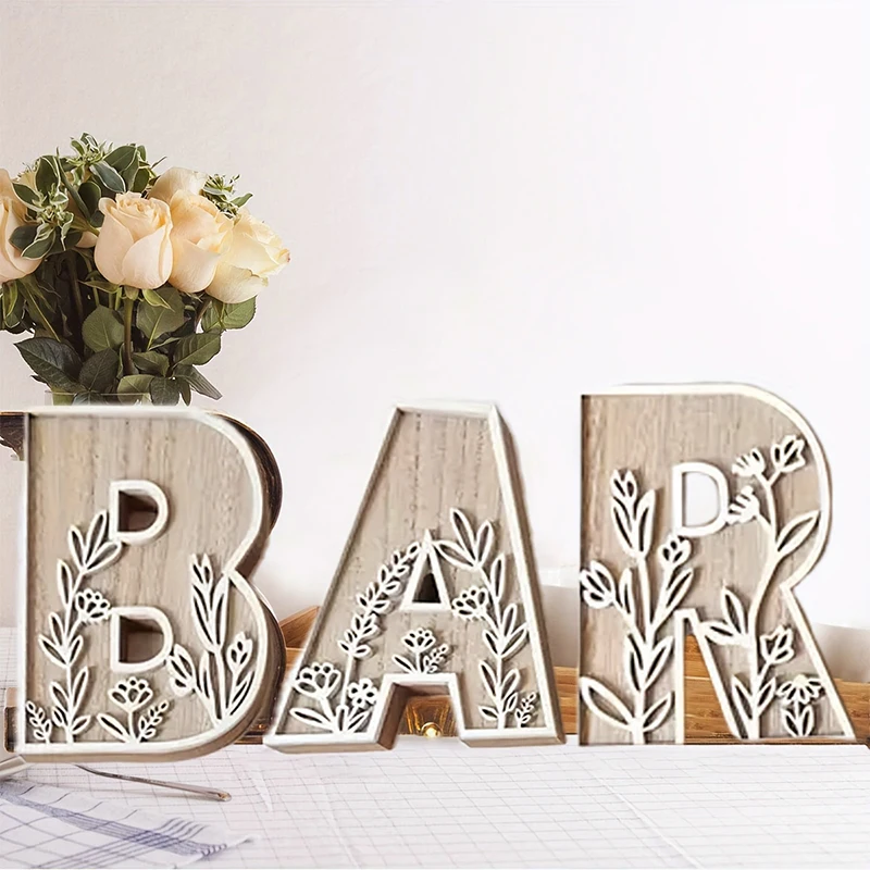خشبية الأبجدية رسالة منحوتة أنماط الأزهار الحلي الجدار الشنق ديكور المنزل DIY حفل زفاف عرض الحرف اليدوية الزخرفية #2