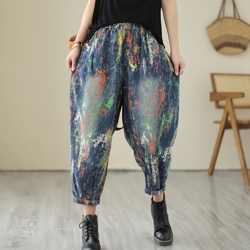 

Retro Faion Splaed Ink Waed Jeans High Waist Slimming Harlan Pants Nine Points Trendy Women's plus Size Casual Trousers