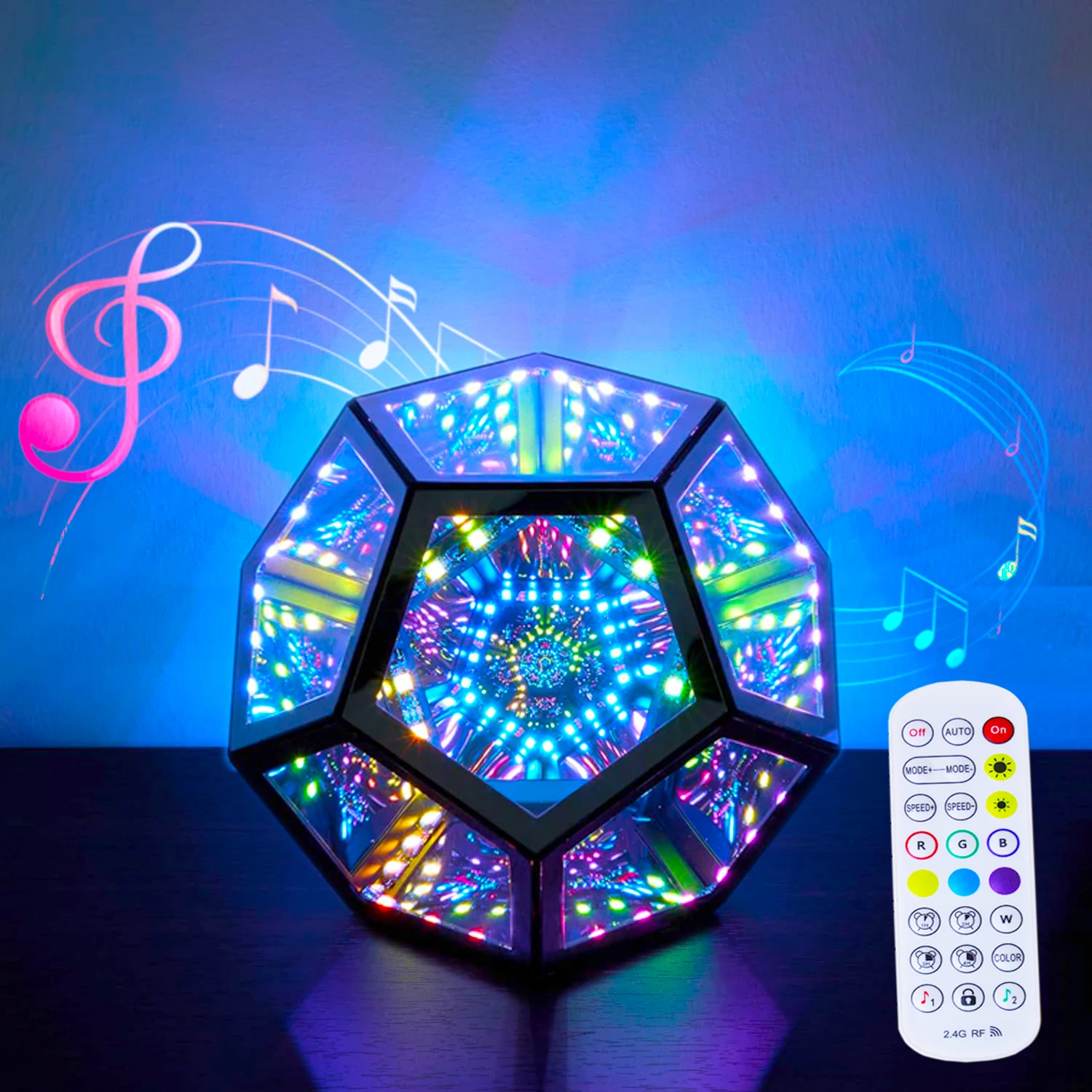 Remote Control Infinity Dodecahedron Light with Voice Control 3D Mirrror Tunnel Light Color Art Game Light