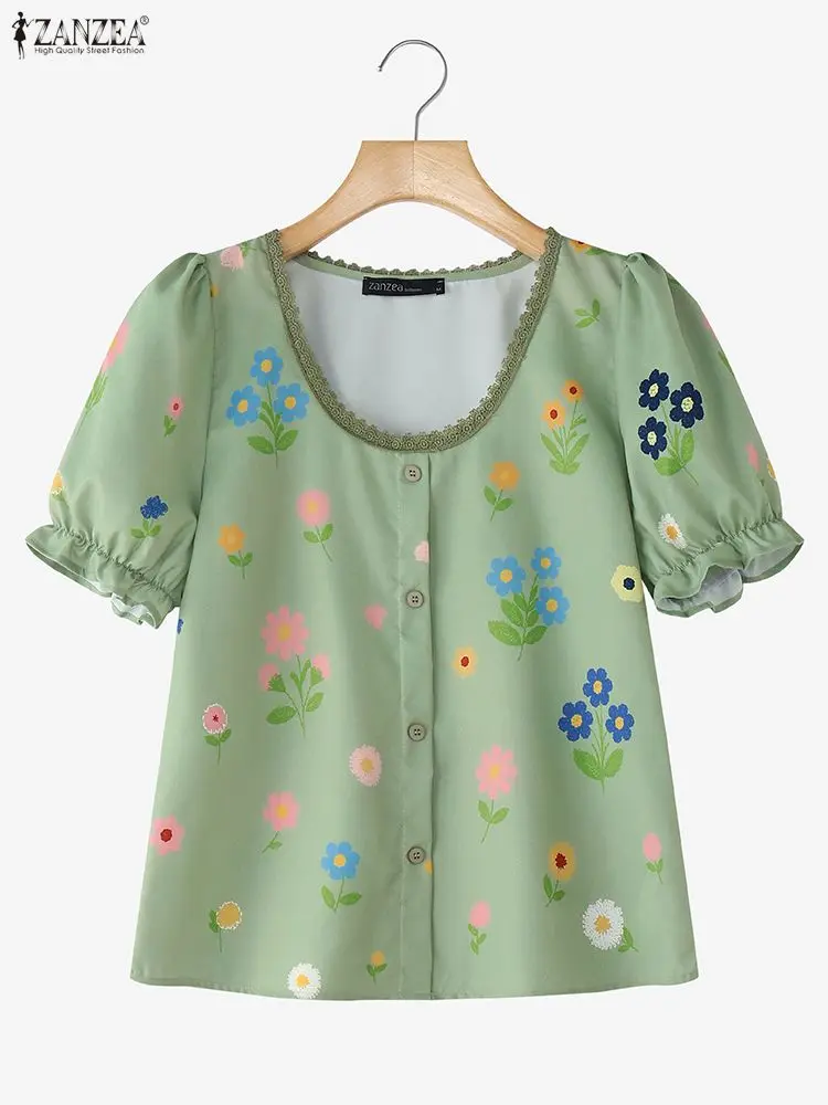 

2025 ZANZEA Women Summer Floral Printed Blouse Elegant Work Shirt Stylish Holiday Blusas Causal Button Chemise Lace Trims Tops