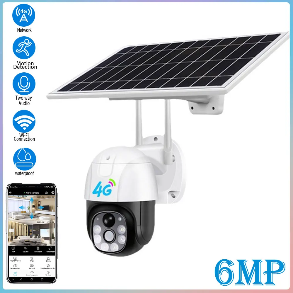 

6 MP/4 G Two-way Voice Solar Camera Outdoor IP66 Waterproof Full Color Surveillance Human Body Movement Detection Alarm Camera