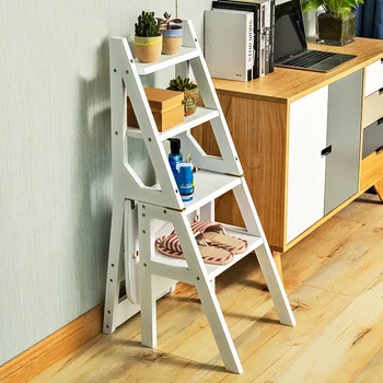 American solid wood dual-use wheelchair - multi-function herringbone ladder step stool, four-level climbing ladder - safe and sturdy