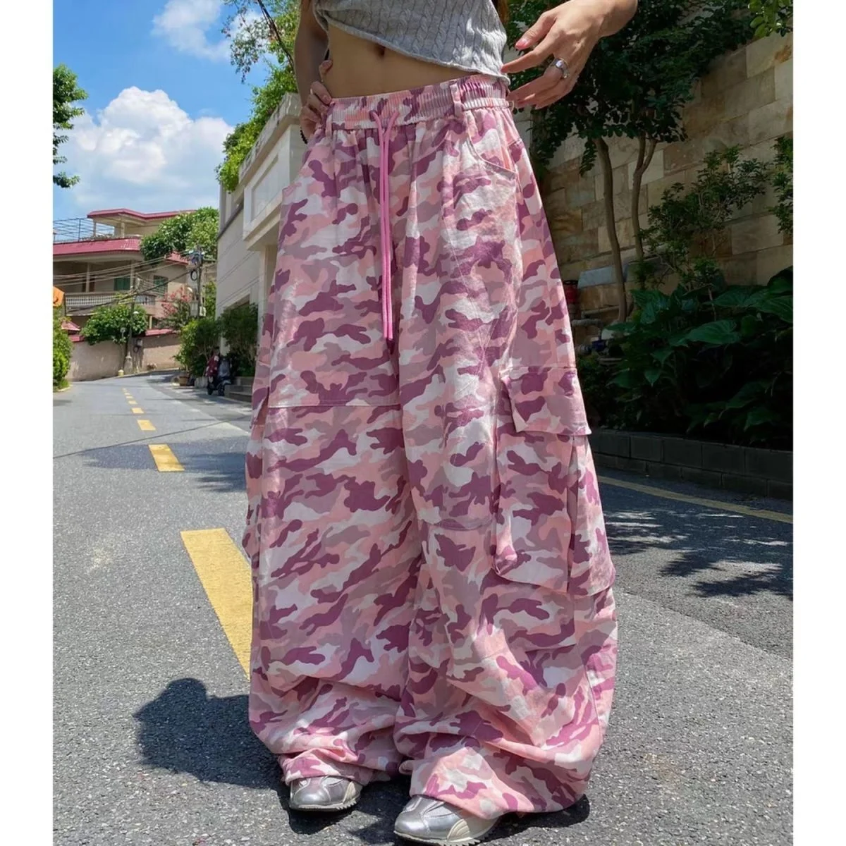 

Розовые камуфляжные рабочие брюки American Street Girl Y2K в стиле ретро Harajuku, облегающие модные широкие повседневные прямые брюки со шваброй