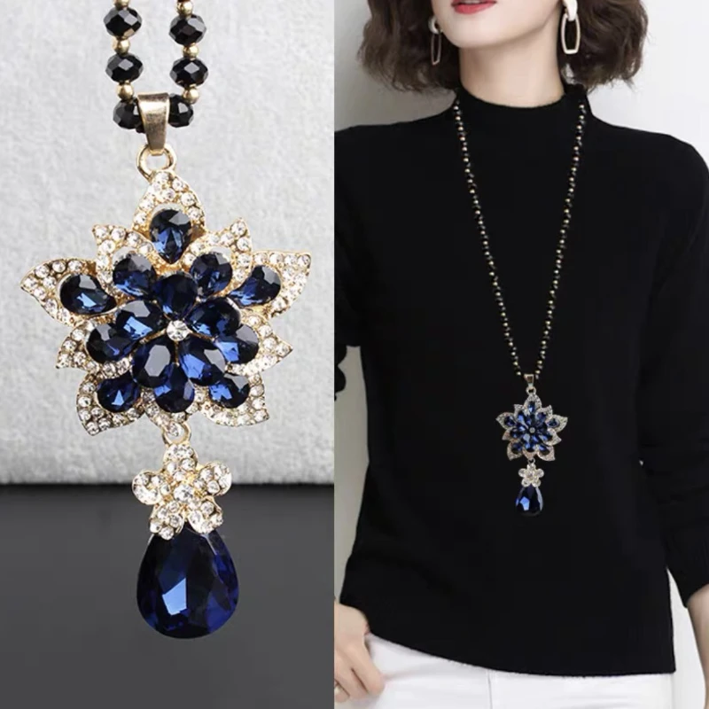 Mode Kristalle Blume Pullover Kette Legierung Anhänger Frauen High-End Vielseitige Kleidung Zubehör Lange Halsketten Schmuck