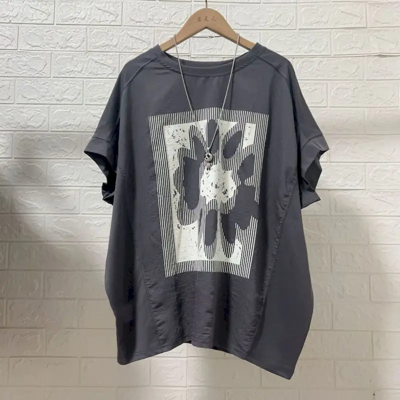 Oversized Bat Sleeves T-shirts for Women Summer Trendy Thin Slimming Tops Fashion Loose O-neck Short Sleeved Tshirt Ins Printed