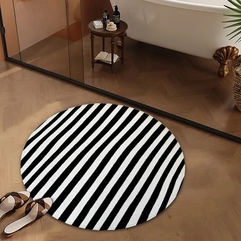 Black White Diagonal Stripe Round Area Rug Floor Mat Modern Geometric Striped Print Carpet for Living Room Bedroom Home Decor