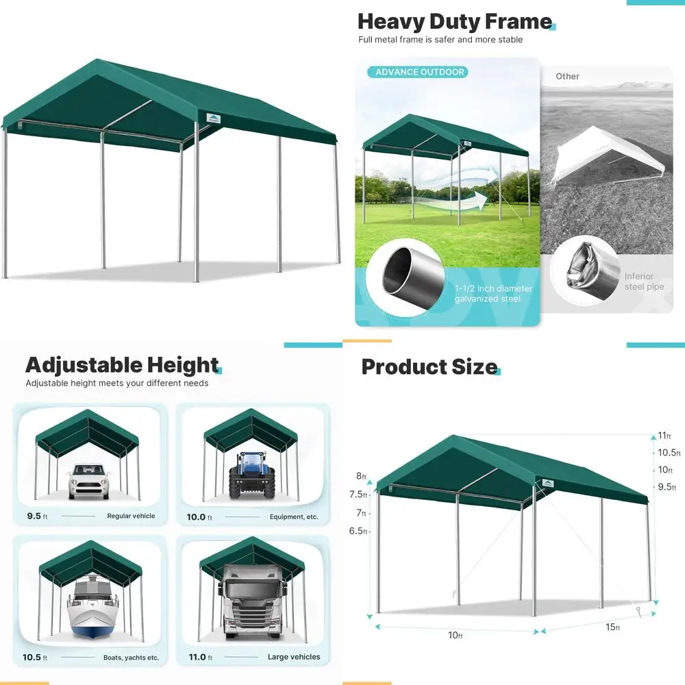 

Сверхмощный портативный автомобильный навес для автомобиля 10x15 футов, палатка для гаража и вечеринки, укрытие для лодки с регулируемой высотой от 9,5 футов до максимум
