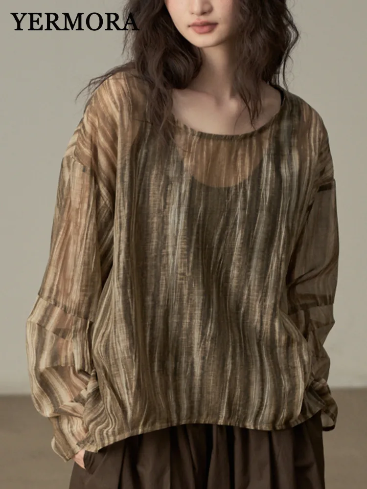 

YERMORA Brown Striped Thin Casual Short Shirt For Women Round Collar Long Sleeve Loose New Shirt Fashion Tide Spring Summer 2025