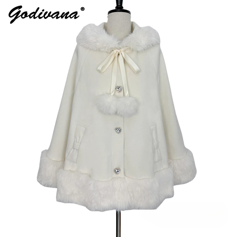 Japanese Cute Bow Mass-produced Furry Hooded Cape Shawl New Autumn and Winter Womens Woolen Cloak Jacket Rabbit Ear Plush Poncho