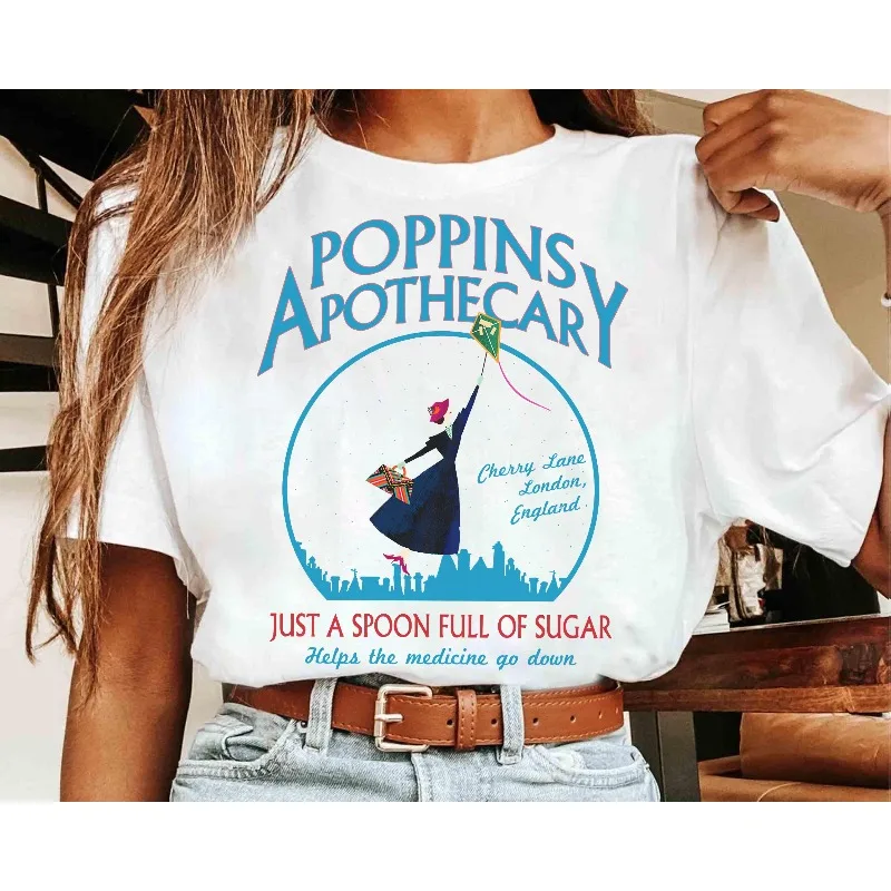 Disney Mary Poppins Pharmacist Cherry Lane London British Shirt Women's T-shirt New Casual Fashion Couple Street Wear