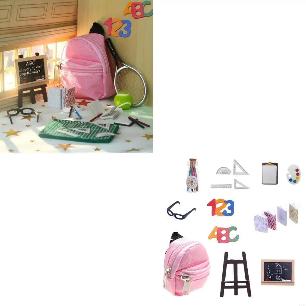 

76HF 1:12 Scale Books Backpack Pretend-Play Kid Playset School Realistic Dollhouses School Playset Drawing Board