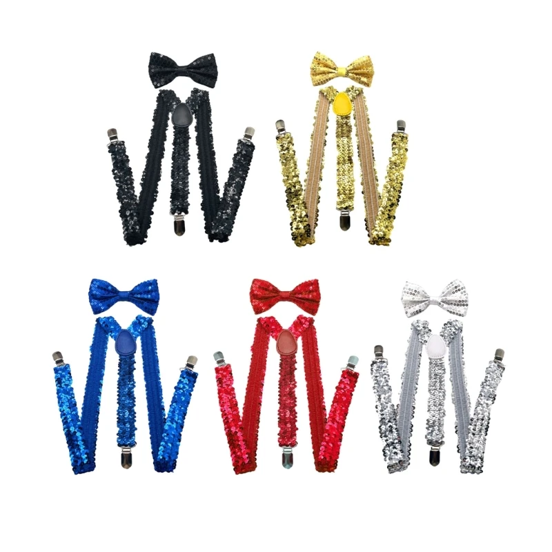 Fashionable Suspenders Sequined Brace with Bowtie for Men's Stage Performances