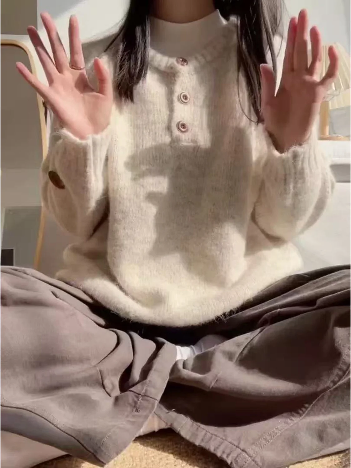 لينة مريحة زر حتى المرأة سترة فضفاضة كسول تنوعا تريكو الخريف الشتاء أعلى تخفيف Sle Thi سترة دافئة منفوش #4