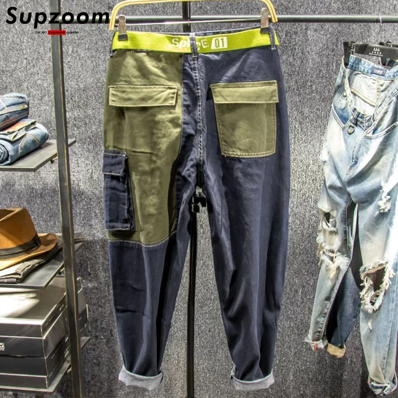Supzoom Barang Baru Diskon Besar Mode Atasan Musim Gugur Ritsleting Terbang Stonewashed Kasual Patchwork Kargo Denim Kantong Celana Jeans Katun Pria