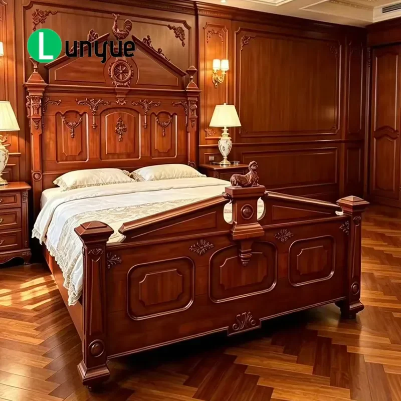 European Carved Solid Wood Bed Queen King Size American Luxury Bedroom Furniture Villa Home Decor High End Double Bed Frame