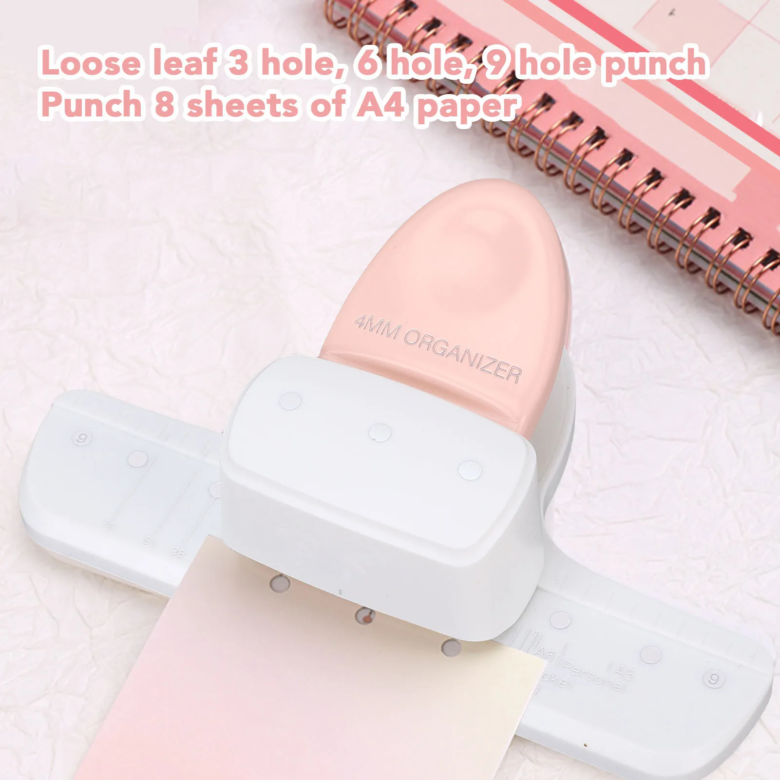 

Дырокол на 3 отверстия, диаметр 4 мм, расстояние между отверстиями 19 мм, розовый, для блокнотов, скрапбукинга, форматов A5, A6, A7, A8, A7 Pocket, A6 Personal, A8 Mini