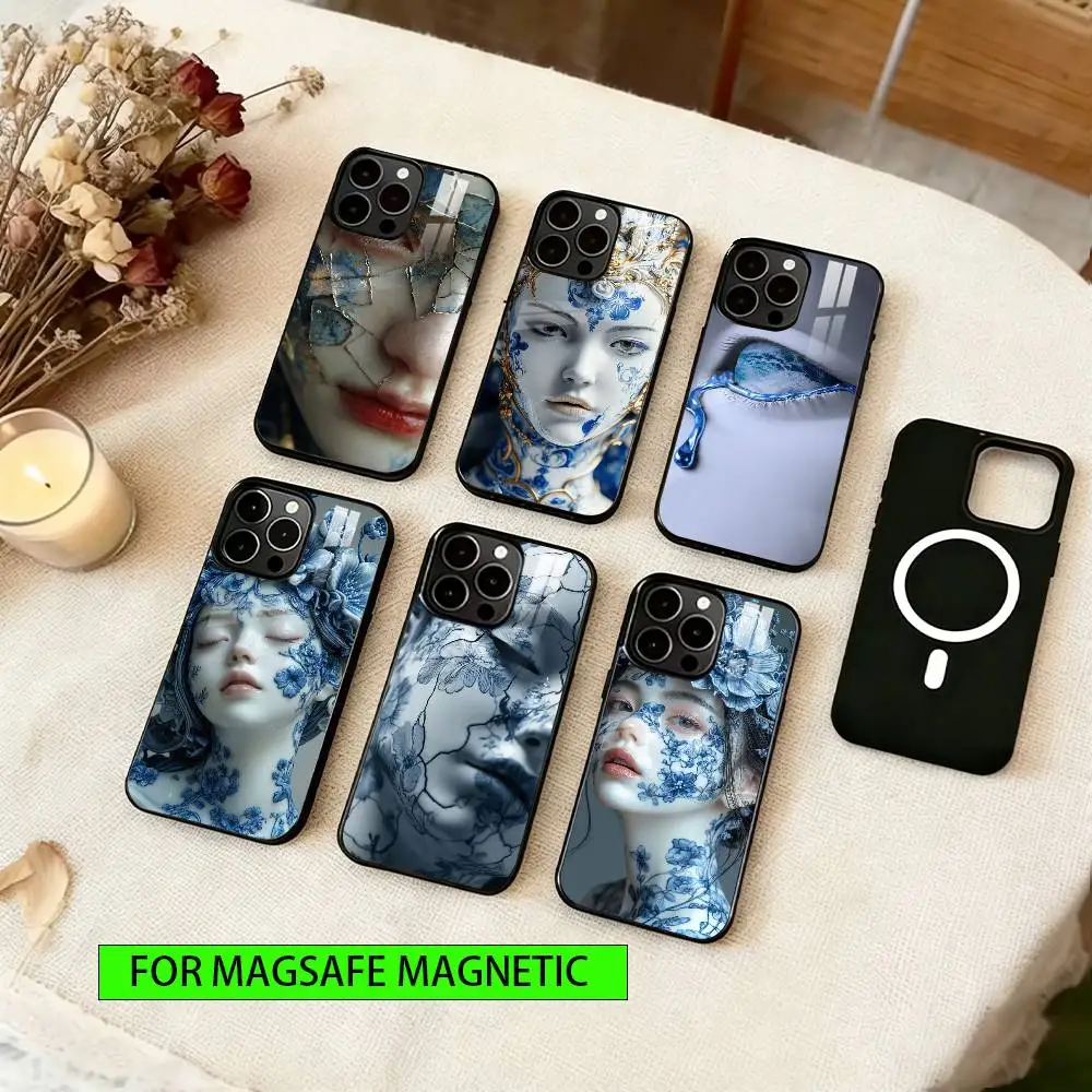 

Blue & White Grace Phone Case For iPhone17,16,15,14,13,12,11 Plus,Pro Magnetic with Magsafe Wireless Charging