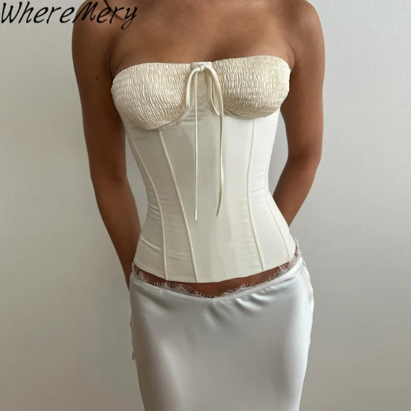 

WhereMery Sexy Strapless Lace Up Backless Ruched Slim Solid Top Women's Y2K Summer All-Match Casual Daily Streetwear Trends Vest