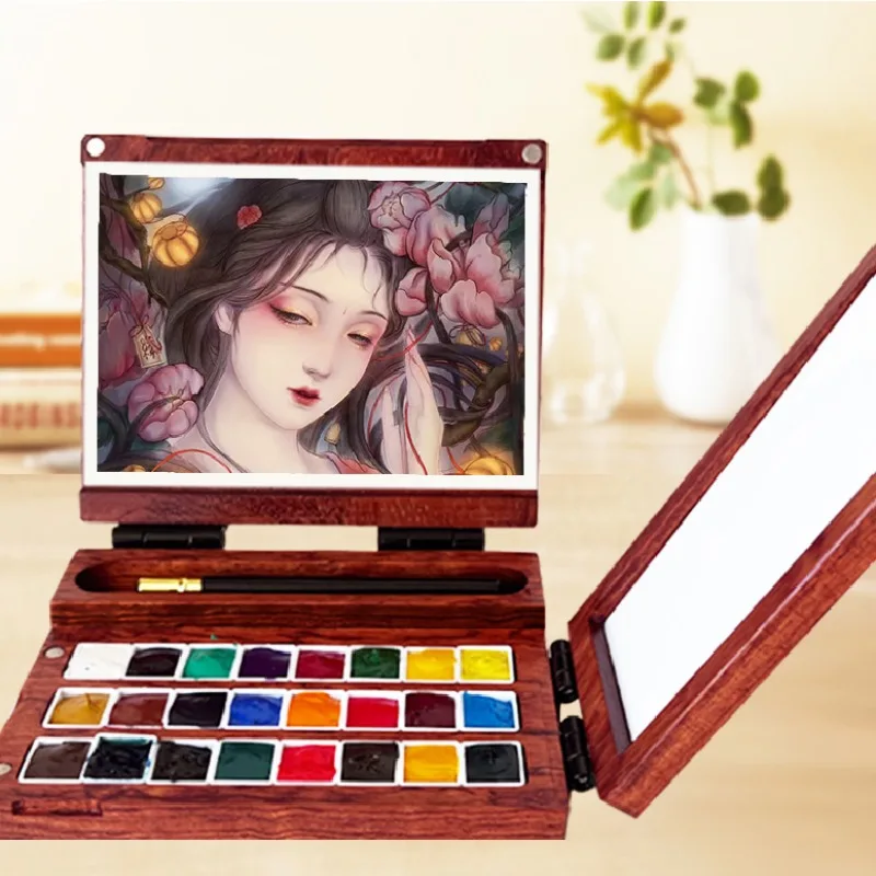 Wooden 24 Grid /2ML Creative Three Fold Watercolor Paint Box Portable Moisturizing Sketching Painting Subpackage Box Palette