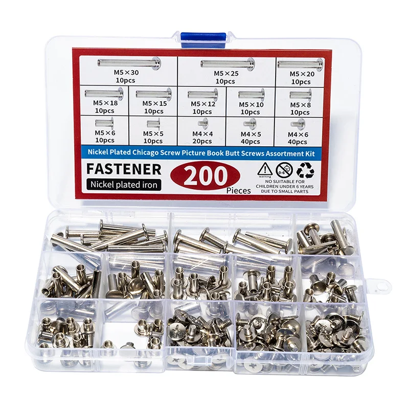 

200pcs M4 M5 Nickel Plated Chicago Screw Picture Book Butt Screws Assortment Kit Fasteners Tools Repair Accessories