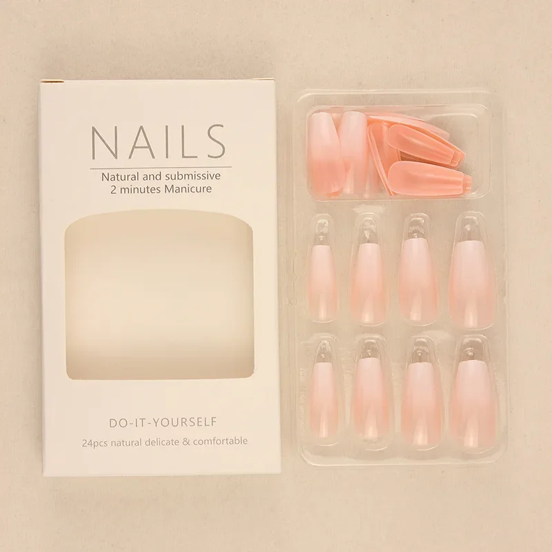 24pcs Long Nude White Gradient Coffin Adhesive False Stick on Nails Press on Nails Set Girls Cheap Fake Nails French Tip Square