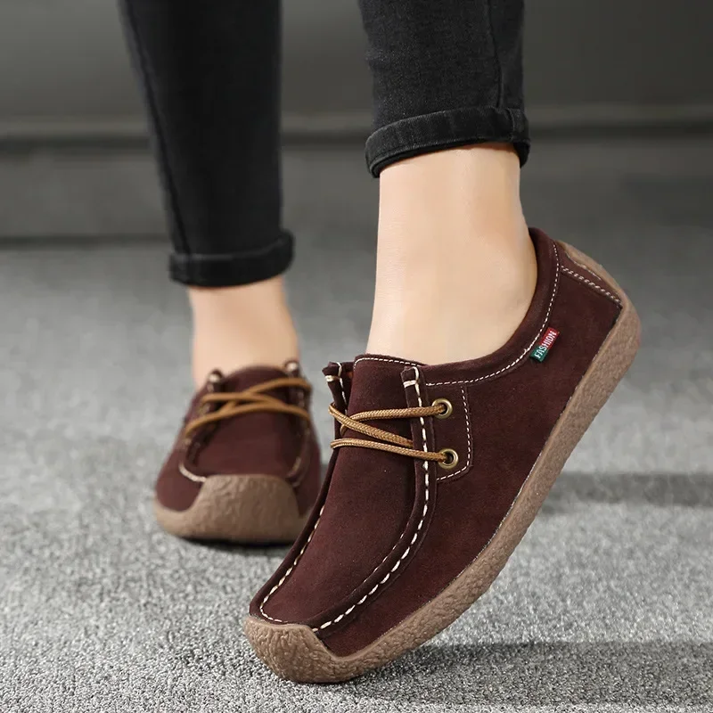 New Arrival Women Casual Shoes 2024 Suede Leather Flats Sneakers Lace Up Moccasins Ladies Shoes Fashion Loafers Plus Size 35-42