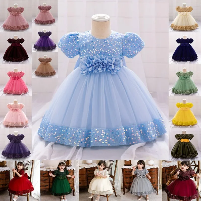 

New Baby Girls Three-dimensional Flower Sequin Princess Dress Flower Girl Dresses for Weddings Birthday Party Evening Dresses