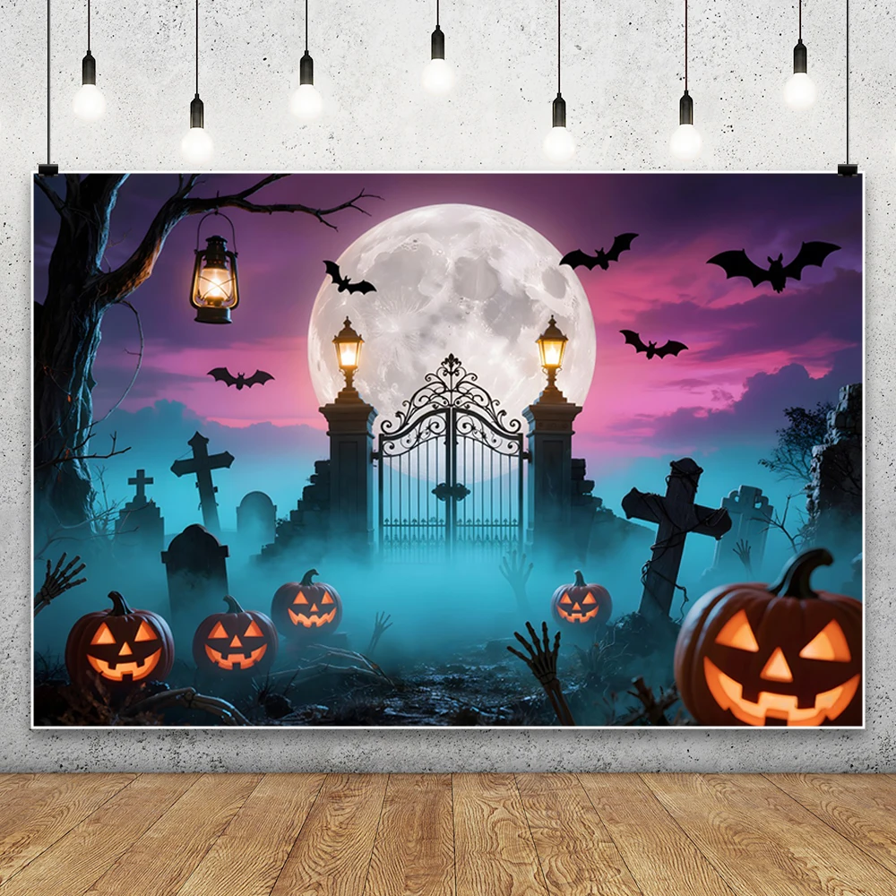 Halloween Purple Night Backdrop Horror ‌Moon Castle Graveyard Skeleton Pumpkin Light Kids Family Portrait Photo Background Props