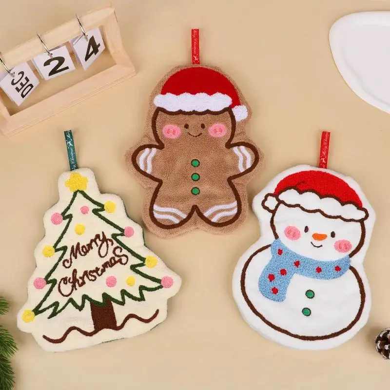 Christmas Coral Fleece Hand Towels for Kitchen Bathroom Cartoon Gingerbread Man Snowman Tree Design Towel New Year Gifts