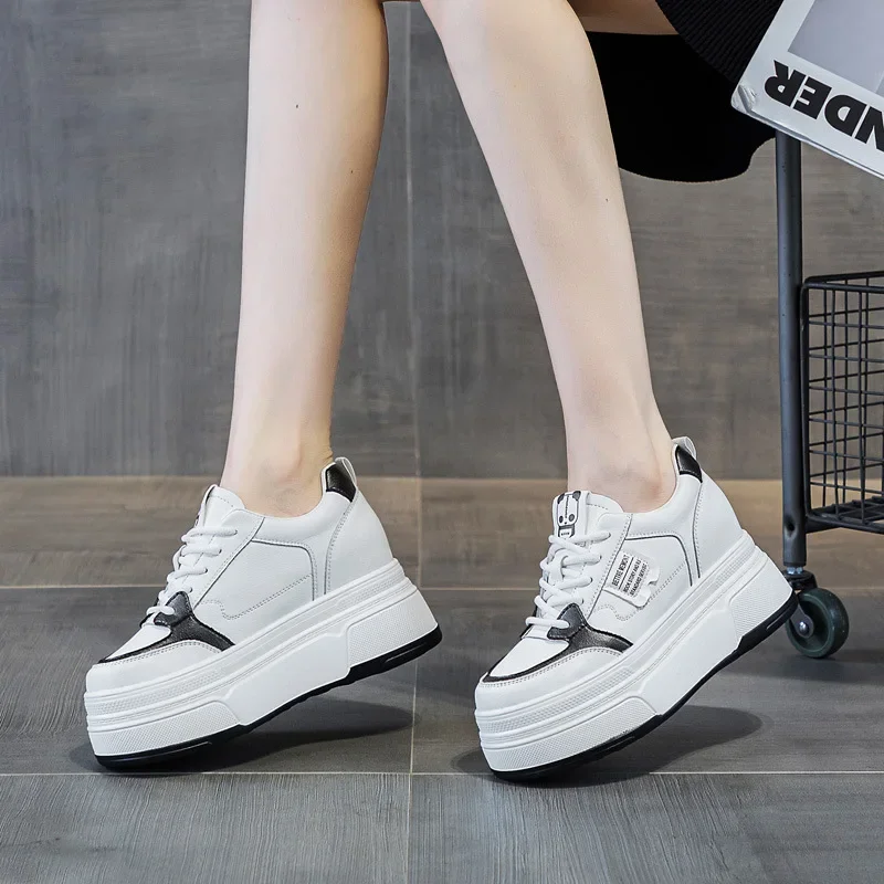 Krasovki 9cm Natural Genuine Leather Comfy Breathable White Wedge Shoes Platform Heel Pumps Casual Chunky Sneakers Women Shoes