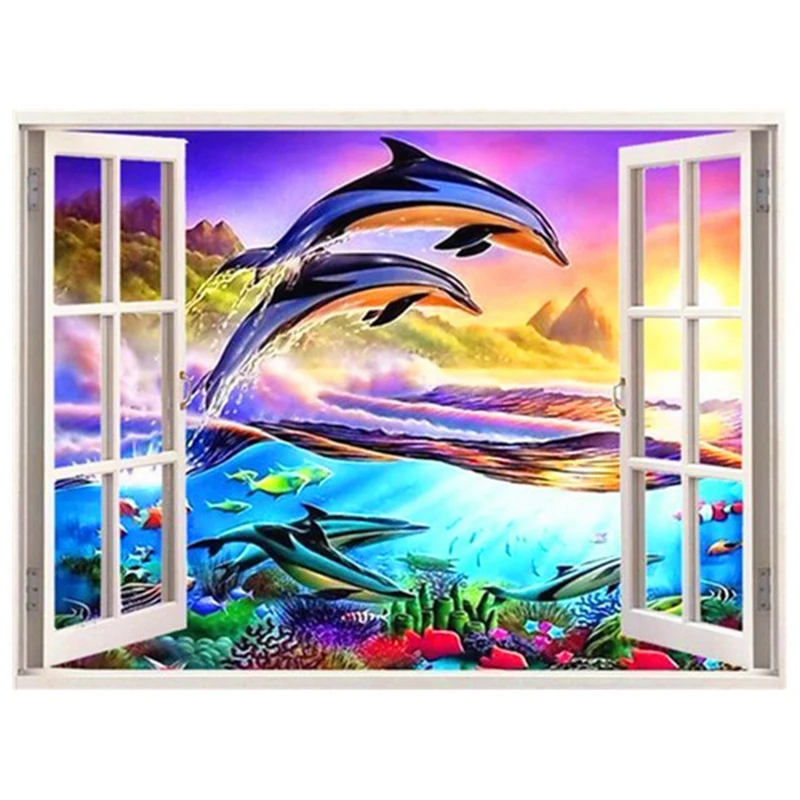 

Full Round Diamond Painting "The Dolphin Outside The Window" Rhinestones Diamond Embroidery Sale Home Decor