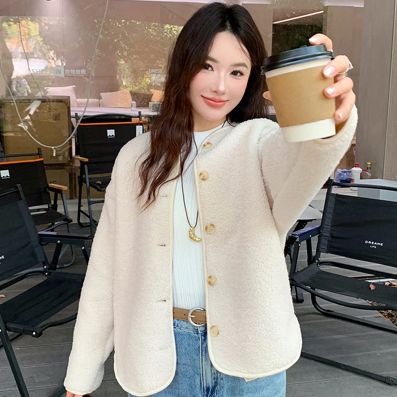 

Новинка 2025 года, кардиган из искусственной шерсти, флисовая верхняя одежда, женская весенне-осенняя теплая повседневная куртка, корейское винтажное однобортное пальто, женское