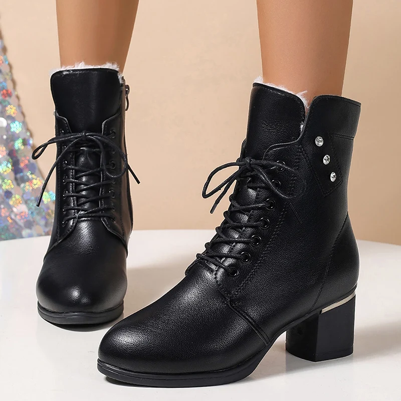 Winter Warm Plush Ankle Boots Women Fashion Crystal Chunky High Heels Booties Women Zipper Lace Up Faux Leather Botas Mujer