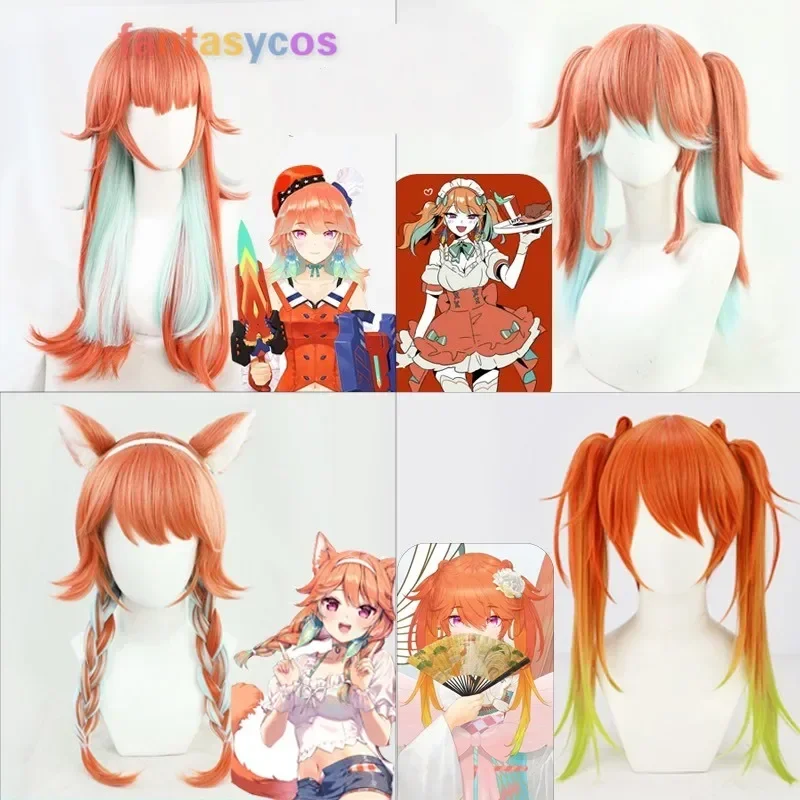 Vtuber takanashi kiara peruca cosplay com orelhas hololive em kusotori meninas laranja misturado cabelo verde lolita para traje de halloween