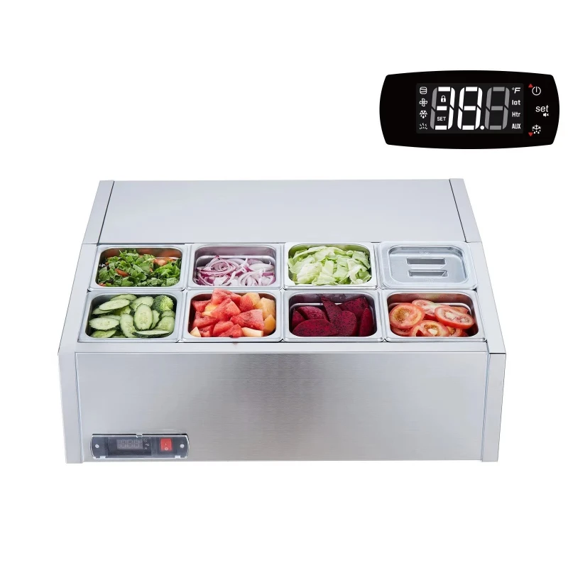 

refrigeration equipment 140 W countertop condiment preparation station 8 1/6 pan 304 stainless steel main body computer cover