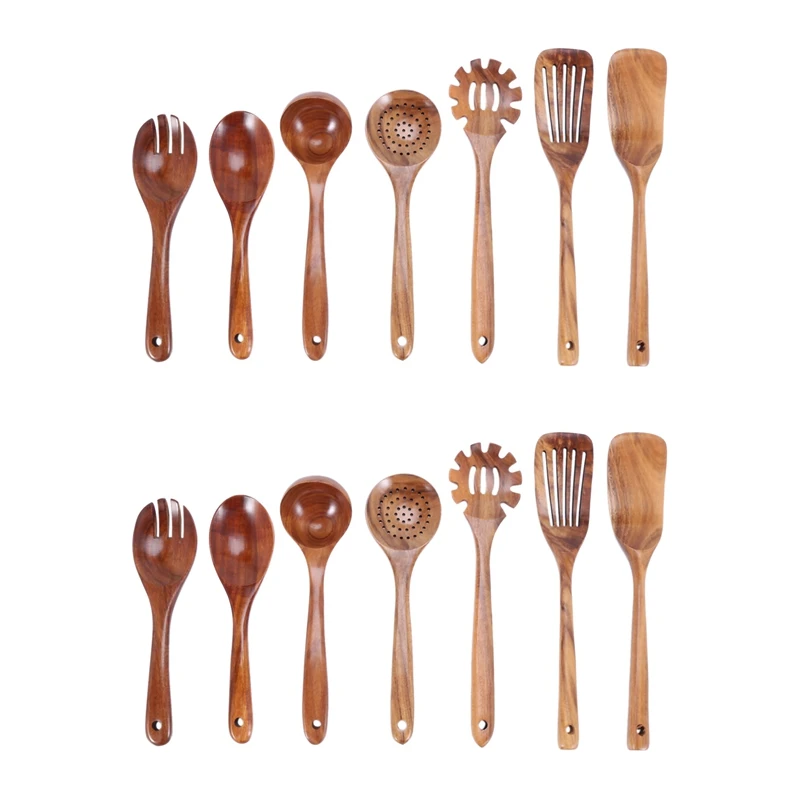 

Promotion! Wooden Kitchen Utensils Set,Wooden Spoons For Cooking Natural Teak Wood Kitchen Spatula Set For Including 14 Pack