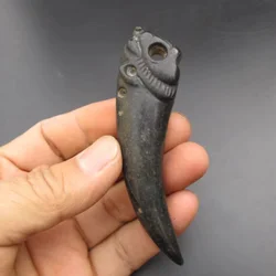 China Hongshan Culture Meteorite Jade Carved Tiger Head Old Tooth Amulet Decorative Display Collectible Gift