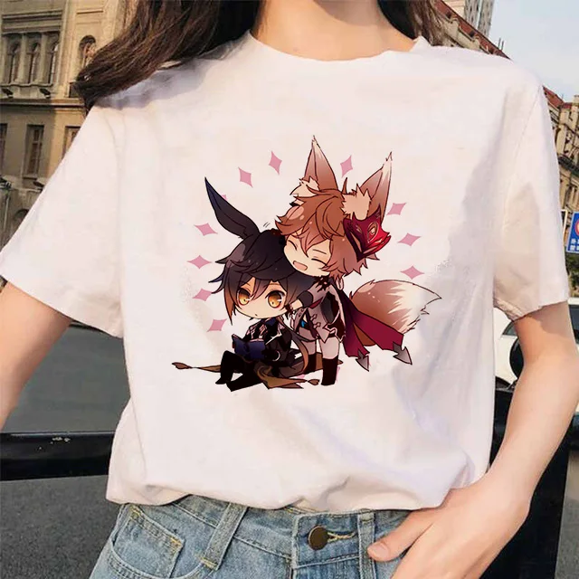 Genshin Impact T Shirts 100%Cotton Hu Tao Morax Zhongli Tartaglia Paimon 2022 Summer Short Sleeve Women Tops High Quality Casual