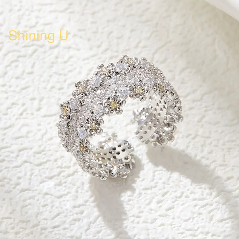 Shining U Light Luxury Starry Full Zircon Gems Open Ring for Women Fashion Accessory New Year Gift