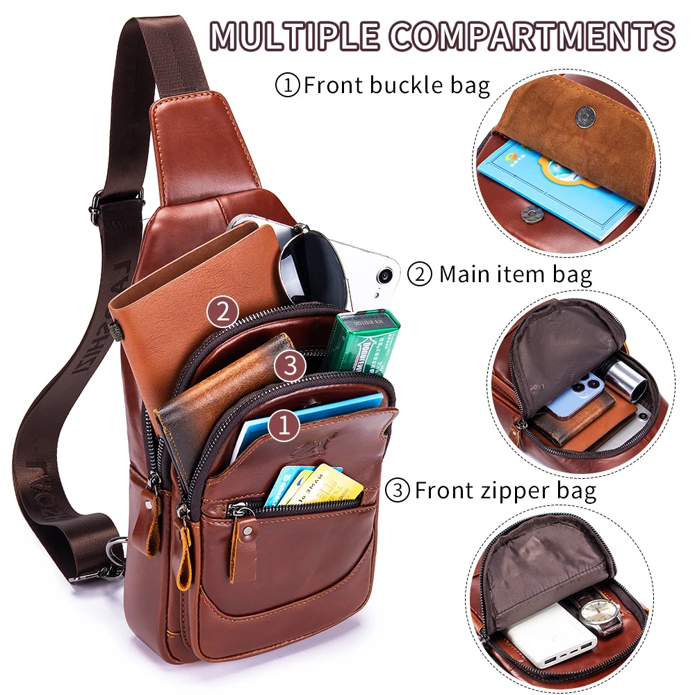 Bolso de pecho de piel de vaca para hombre, bandolera informal con USB, bolso de hombro frontal
