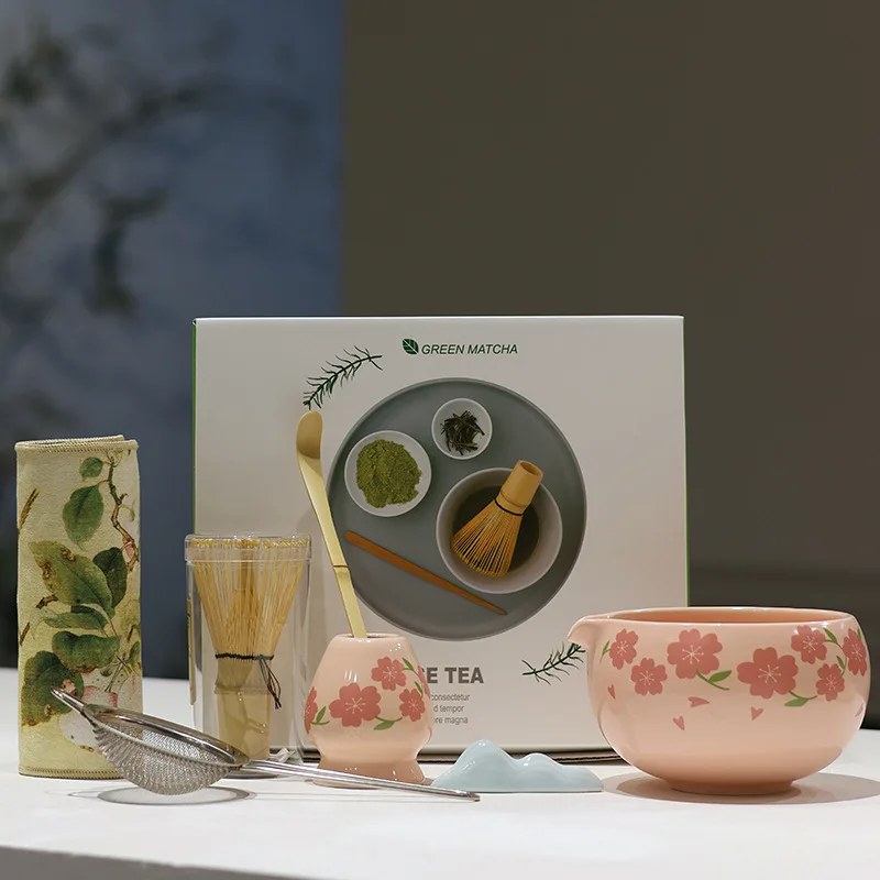 

Matcha Tea Set Japanese Cherry Blossom Bowl Set with Whisk & Spout Bowl Traditional Matcha Kit for Ceremony Sakura Motif Tea Set